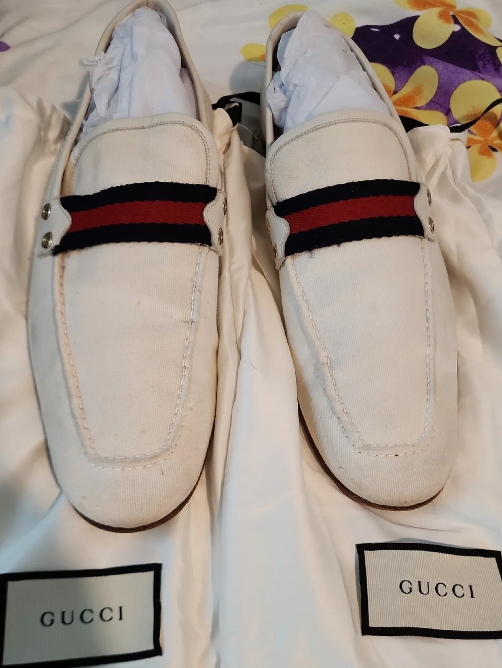 Gucci Ivory Canvas Loafers with Red & Blue Web Stripe